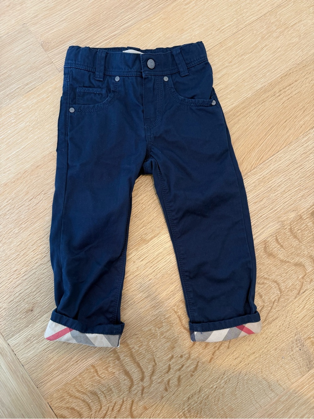 Burberry Kids Navy Pants with Cuffed Classic Plaid Trim size 2Y